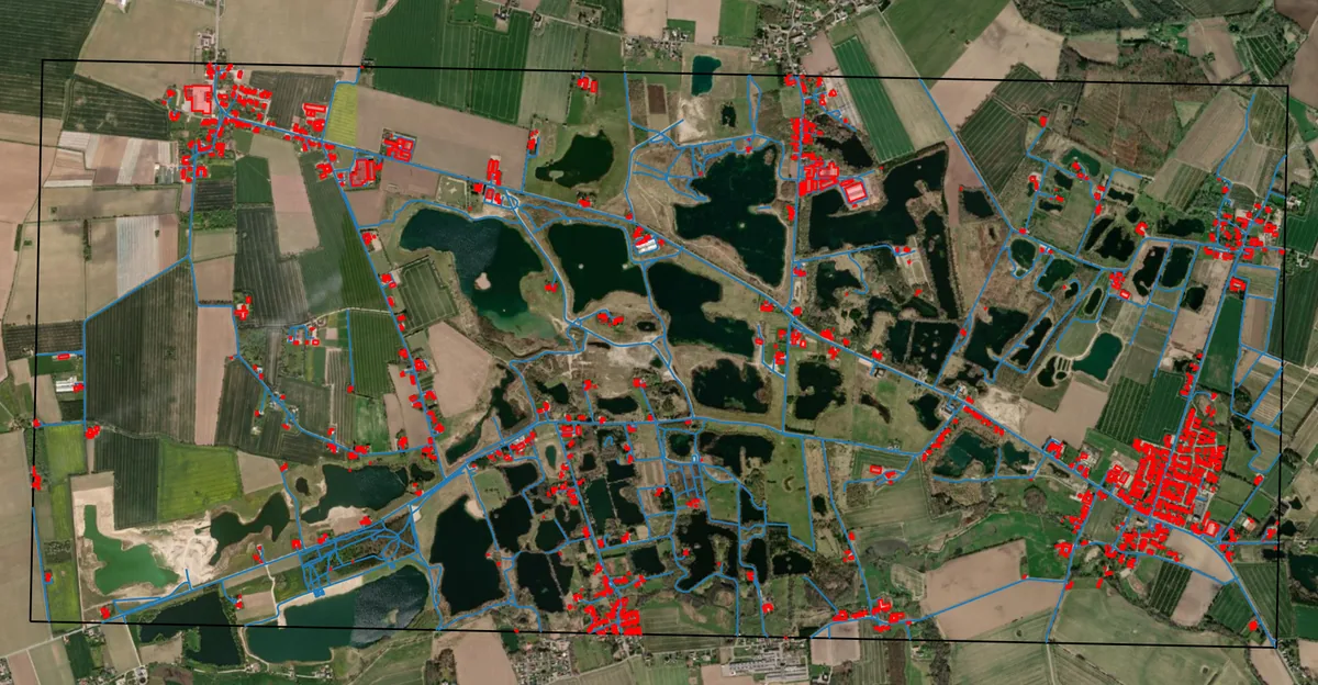 Extracted map features over an aerial region
