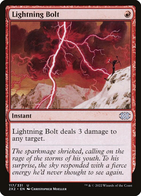 Lightning Bolt from Double Masters 2022, with coloured boxes around its name, mana cost, type line, set symbol and rules text, and dashed boxes around the art and the flavour text.
