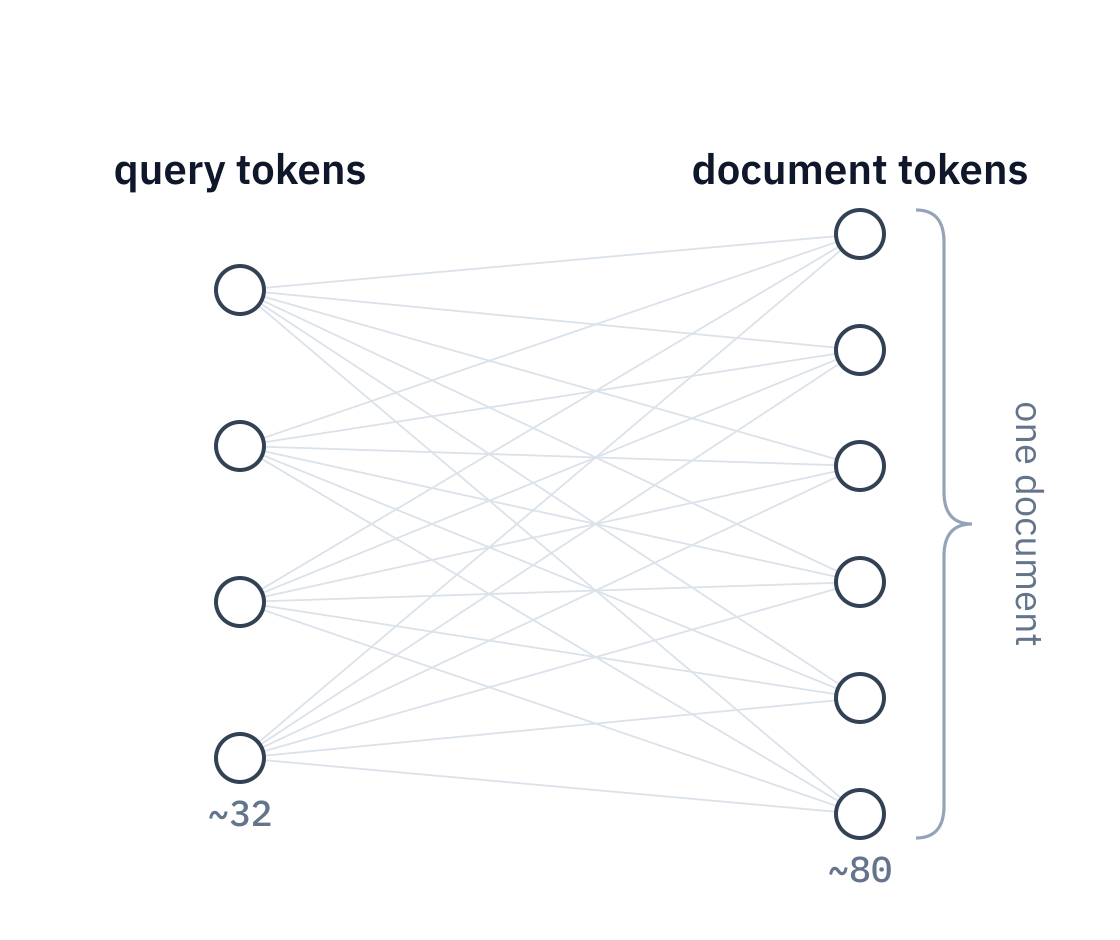 All-to-all comparison: every query token connected to every document token of one document