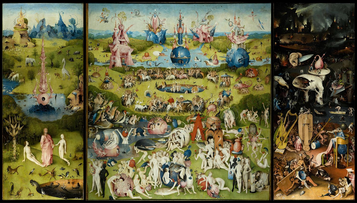 Hieronymus Bosch, The Garden of Earthly Delights: a dense triptych with hundreds of small independent scenes