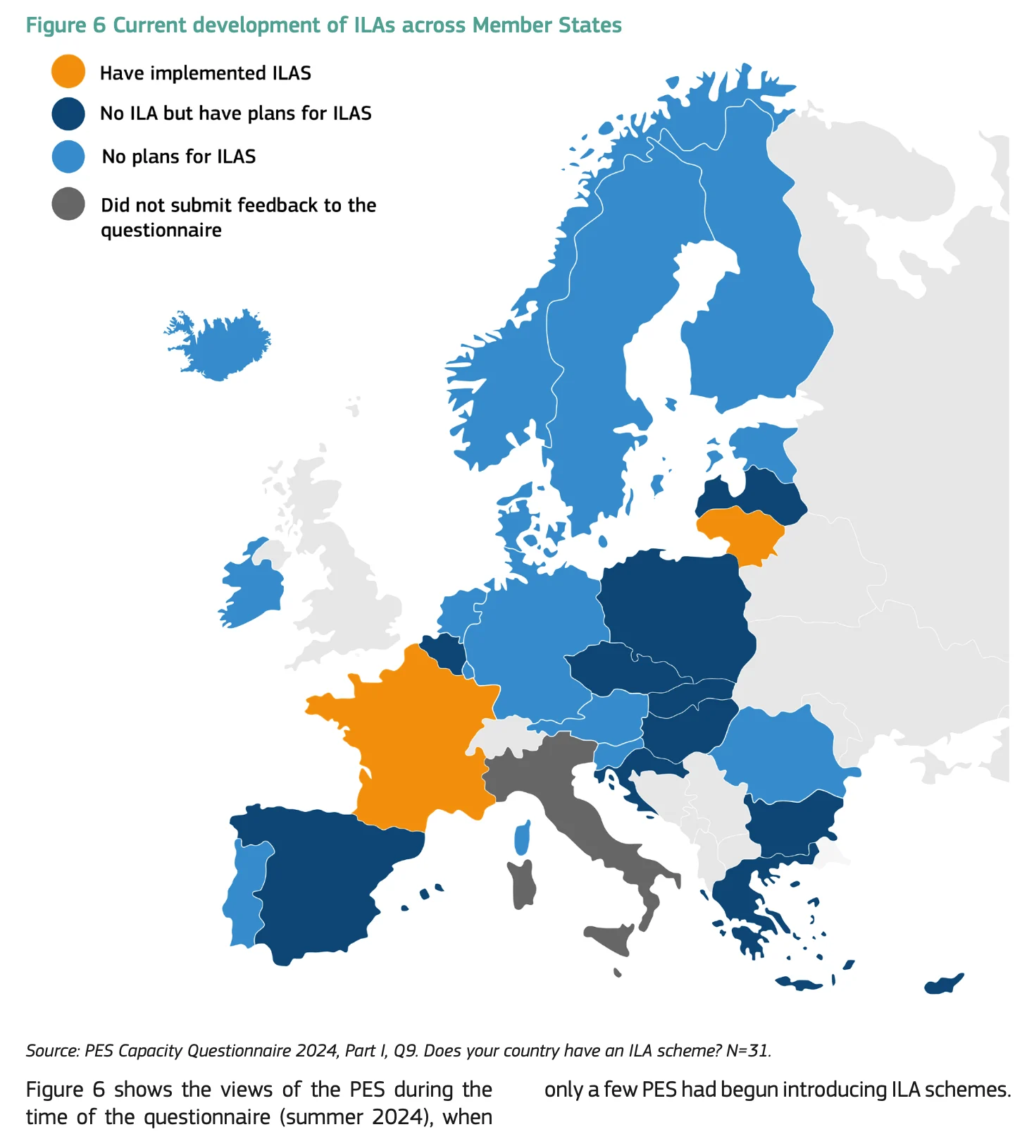A report page: choropleth map of EU member states shaded by whether they have implemented Individual Learning Accounts, with a legend and a short caption